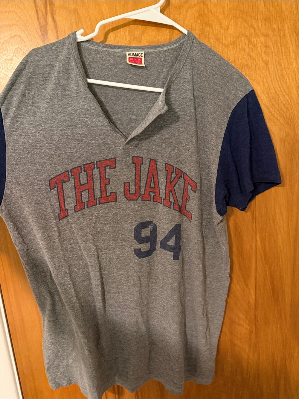HOMAGE Gray Tee with Red 'THE JAKE' and Navy Accents